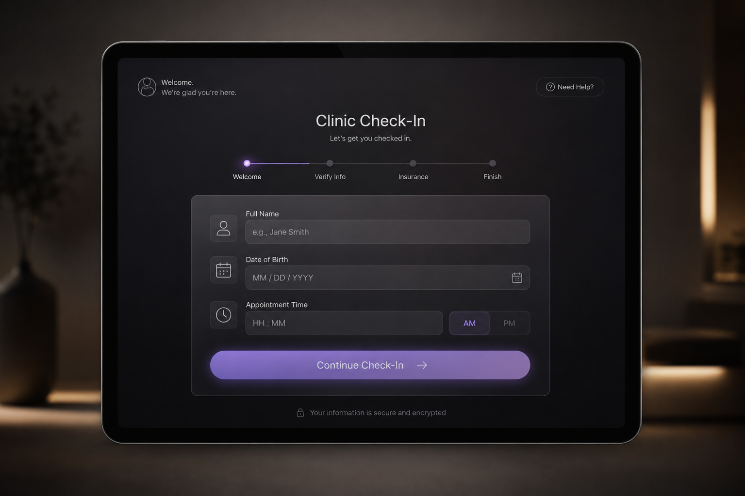 Digital intake interface showing patient check-in form