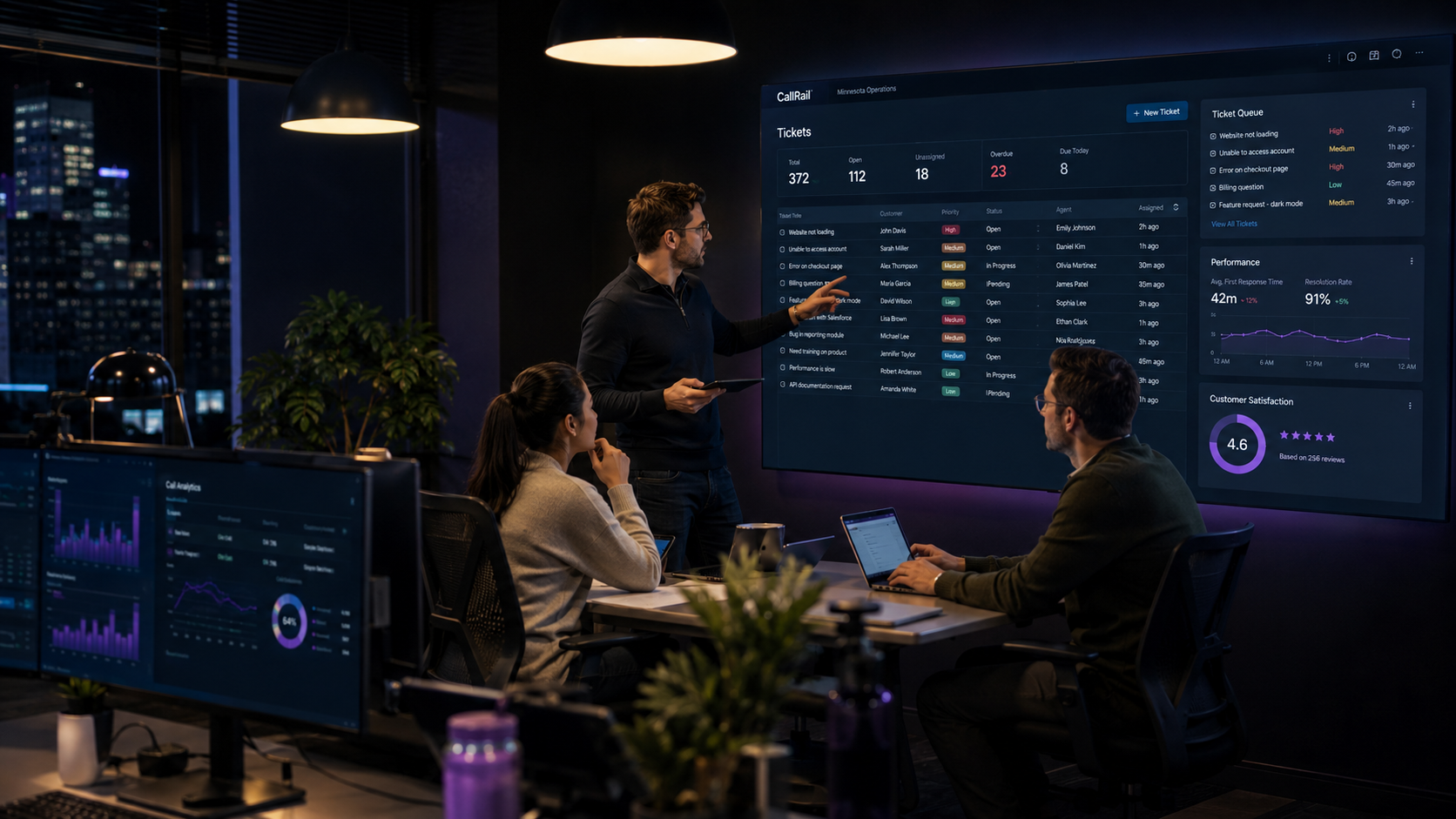 Business operations team using AI-powered ticket automation and CRM dashboard