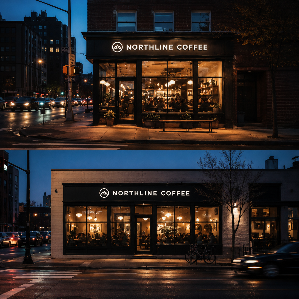 Franchise multi-location storefronts at twilight